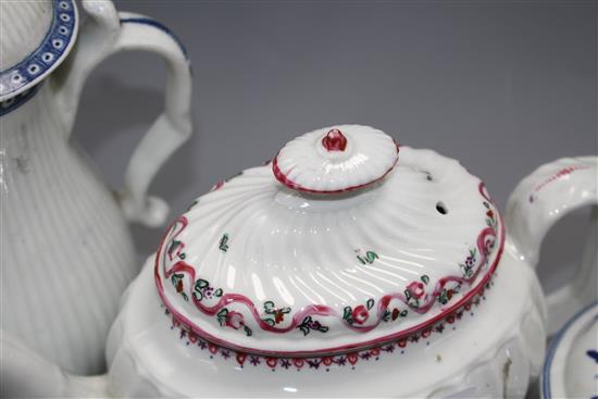 A Worcester blue and white coffee pot and cover, sugar bowl and cover and milk jug, c.1760-75 and a New Hall type teapot and cover c. 1